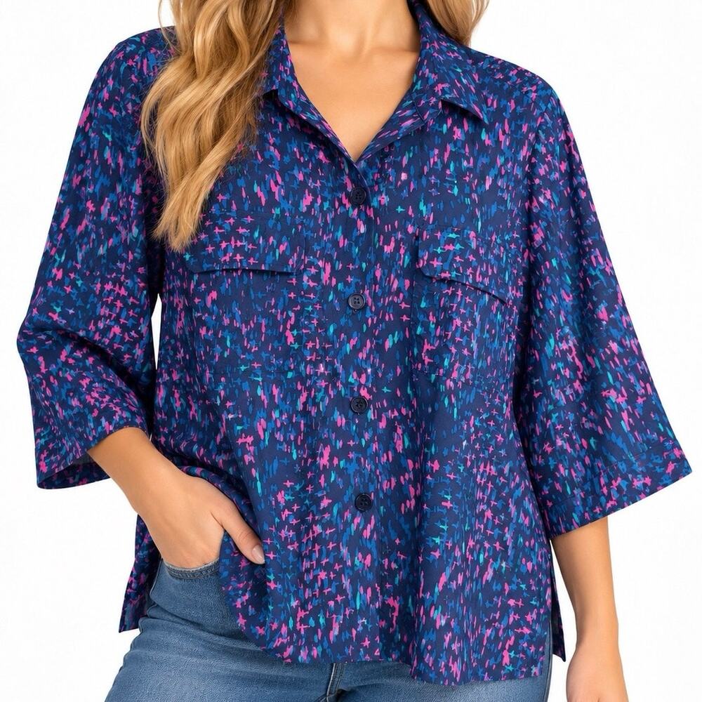 NEW NWT Chicos Sz Large 2 Blue Pink Utility Shirt Blouse Top Tropical Summer